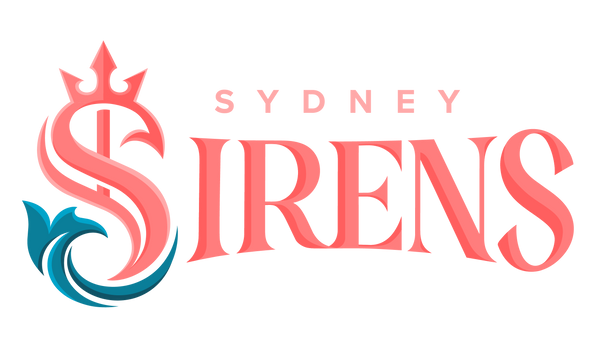 A logo-style graphic on a plain white background reading 'SYDNEY SIRENS' in coral pink, with a stylized pink and teal S and wave emblem.